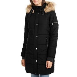 Womens Stylish Black Puffer Coat with Faux Fur Hood XS
